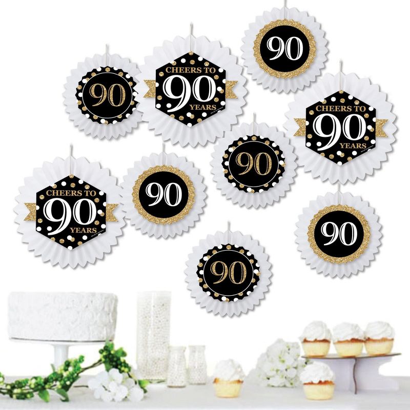 Big Dot of Happiness Adult 90th Birthday - Gold - Hanging Birthday Party Tissue Decoration Kit - Paper Fans - Set of 9, 1 of 8