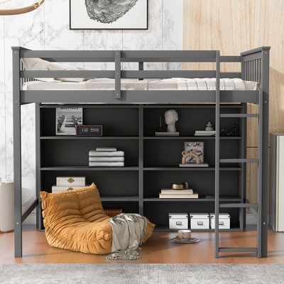 PAGED Twin Size Loft Bed Simple Modern Wooden Bed Frame with 8 Open Storage Shelves, Ladder and Guardrail for Bedroom