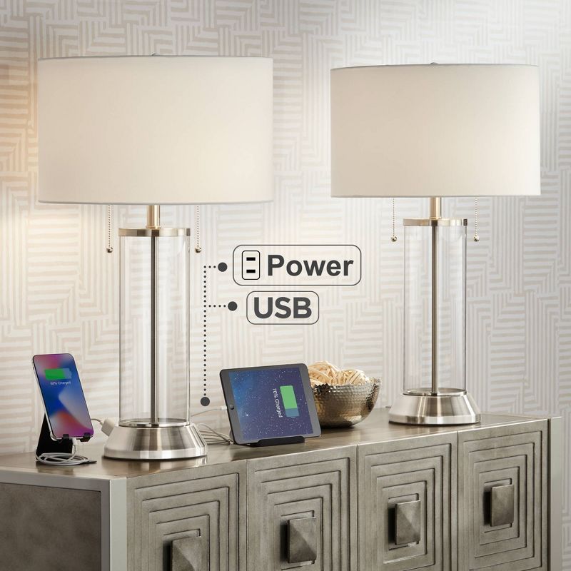 Possini Euro Design Fritz Modern Table Lamps 26 1/2" High Set of 2 Silver Clear Glass with USB and AC Power Outlet in Base Drum Shade for Bedroom Desk, 2 of 10