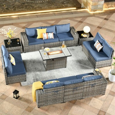 XIZZI 13 Pieces Sectional Sofa Set with Fire Pit Table, Wide Armrest and Deep Seat, Modular Furniture Set for Backyard Garden