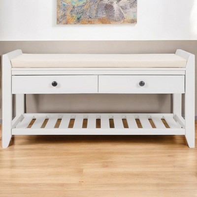 Alilang 39.00 inch Wooden Storage Bench with Cushion and Bottom Shelf-White