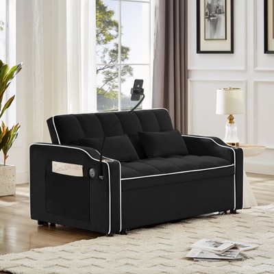 LOVMOR foldable sofa bed in 3 lengths, modern sofa velvet pull-out bed couch, adjustable back with USB port and ashtray and swivel phone stand