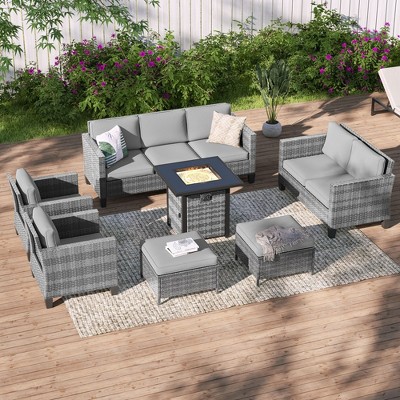 Sonkuki 7 Pieces Patio Sofa with Square Fire Pit Table and Ottomans, Wicker Conversation Couch, Sand Cushion