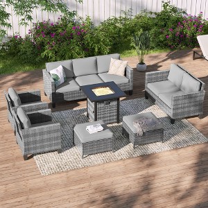 Sonkuki 7 Pieces Patio Sofa with Square Fire Pit Table and Ottomans, Wicker Conversation Couch, Sand Cushion - 1 of 4