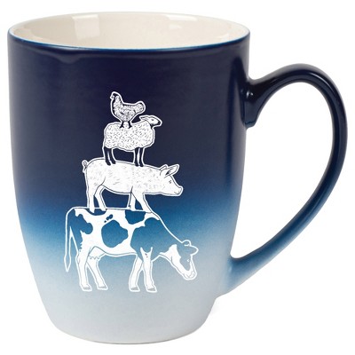 Elanze Designs 12 Ounce Ceramic Decorative Laser Engraved Cow Pig Sheep Chicken Giftable Novelty Tea Coffee Cup Mug Navy Blue and White Stacked Farm