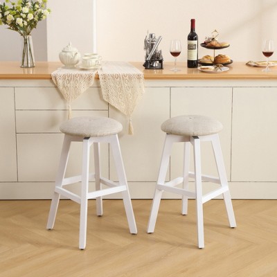 Beautyolove 26 in. White Backless Wood Counter Height Swivel Bar Stool with Padded Fabric Seat (Set of 2)