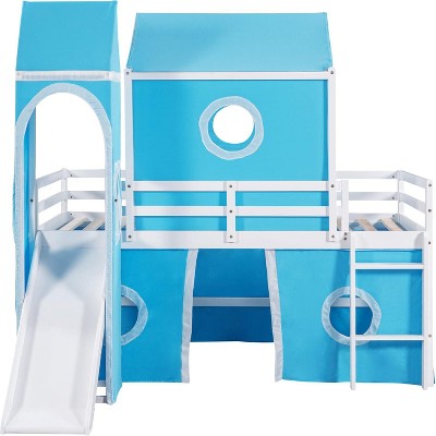 Full Loft Bed w/Slide & Curtains&Tower,Wood Castle Low Loft Bed Frame w/Tent,Wood Playhouse Bed w/roof,Windows&Fence Shaped Guardrails for Kids