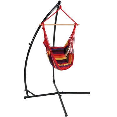 Sunnydaze Double Cushion Hanging Rope Hammock Chair Swing with X-Stand for Backyard and Patio - 250 lb Weight Capacity - Sunset