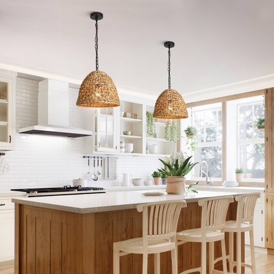 Holophankton 15" Matte Black and Natural Rattan Dome Pendant Light