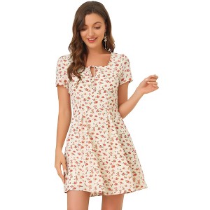 Allegra K Women's Printed Summer Casual Square Neck Short Sleeve Fit and Flare Dress - 1 of 4