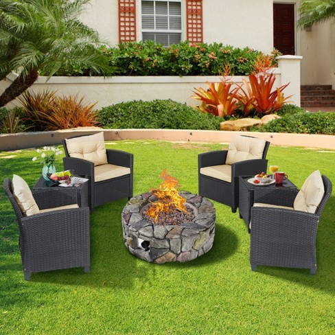 Costway 7pcs Patio Wicker Furniture Set GAS Fire Pit Sofa Side Table Cushioned