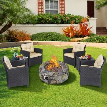 Costway 7PCS Patio Wicker Furniture Set Gas Fire Pit Sofa Side Table Cushioned