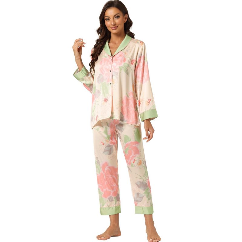cheibear Women's Satin Floral Long Sleeves Shirts with Pants Lounge Pajama Set, 1 of 6
