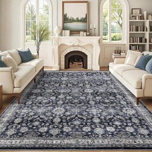 8x10 Blue Washable Area Rug, Vintage Distressed Oriental Carpet, Soft Low Pile Non-Slip Non-Shedding Throw Rug for Living Room, Dining Room, Office - 1 of 4