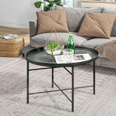 Pewter Round Metal Coffee Table with Hammered Tray Top