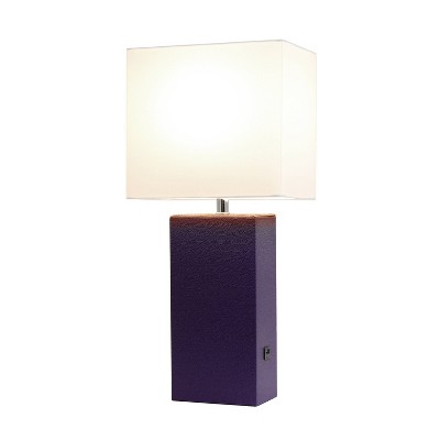 Eggplant Leather Nightstand Lamp with White Fabric Shade and USB Port