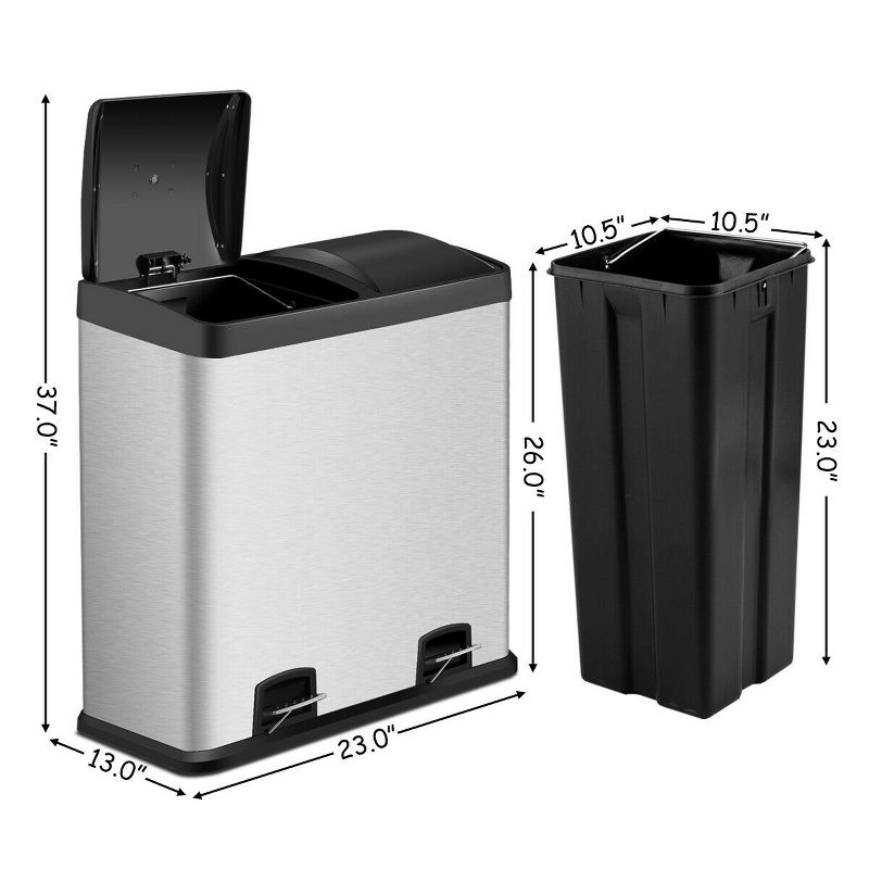 Costway 16 Gallon Dual Step Trash Can Stainless Steel Double Bucket Recycling Pedal Bin, 3 of 11