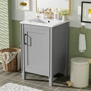 KWPZQEB 20" Bathroom Vanity with Ceramic Sink, Modern Freestanding Vanity with Doors & Shelf, Floor Storage Cupboard with Racks for Small Spaces - 1 of 4
