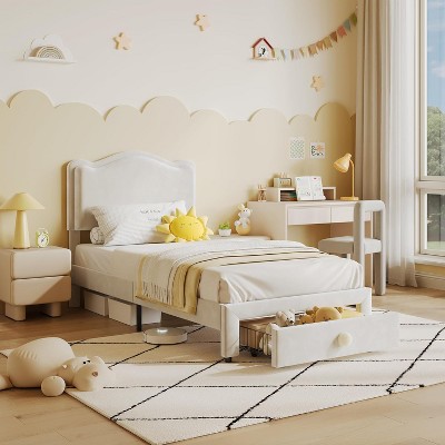 Upholstered Kids Bed Frame, Noise-Free Toddler Platform Bed Frame with Headboard and Storage Drawer, with Strong Wood Slats, No Box Spring Needed