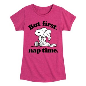 Girls' - Peanuts - Snoopy But First Nap Time Fitted Short Sleeve Graphic T-Shirt - 1 of 4