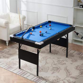 5.5FT Portable Billiards Table - Full Set of Balls, 2 Cue Sticks, Chalk, Felt Brush - Stable Pool Table,Foldable&Easy Assembly, Blue Cloth