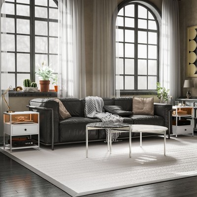 White Particleboard End Tables with Charging Stations and LED Lights