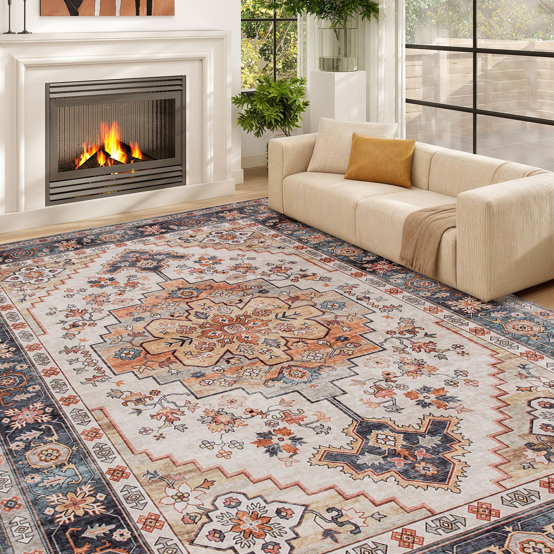 HOMCOM Area Rug 4x6, Non-Slip Machine Washable Rug, Boho Print Pattern Medallion Carpet for Living Room, Bedroom, Dining Room, Tawny Brown