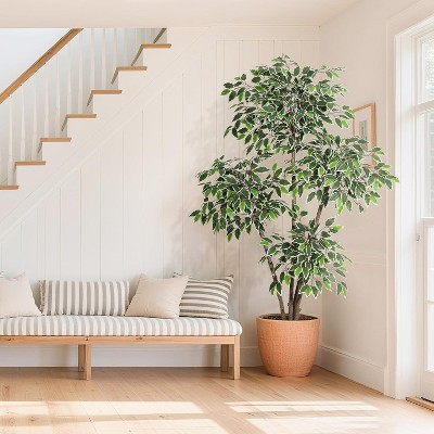 5ft Artificial Ficus Tree,Tall Faux Floor Plant with White Tall Planter -Fake Plants for Home Decor Indoor