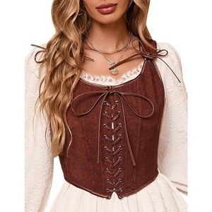 Acekool Women’s Vintage Lace-Up Corset Vest – Floral Embroidered, Sleeveless Pirate Waistcoat, Adjustable Boho Festival Top - 1 of 4