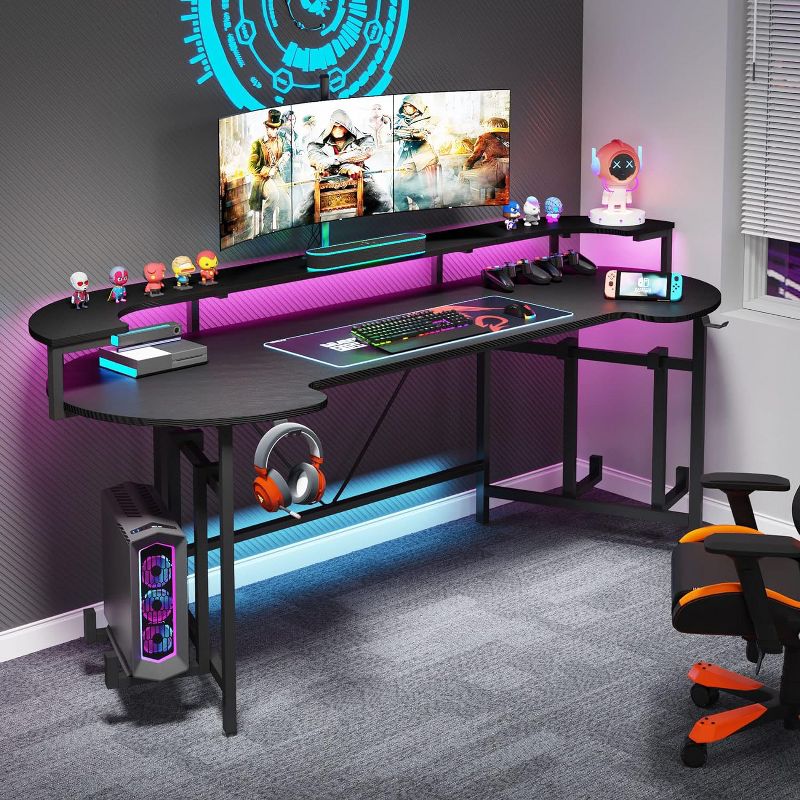 Tribesigns 75" Gaming Desk with LED Light, Large Computer Desk with Monitor Shelf, 2 of 8