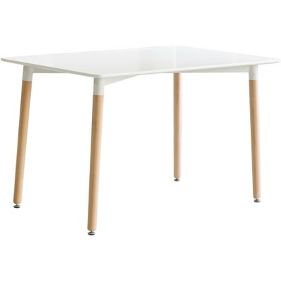 Fabulaxe Mid-Century Modern Rectangular 4 Ft. Dining Table with White Plastic Tabletop and Solid Beech Wood Legs