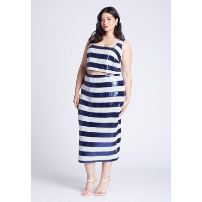 ELOQUII Women's Plus Size Sequin Striped Midi Skirt