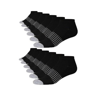 JAMES FIALLO Men's 12-Pairs Performance Low Cut Athletic Plain Black with Central Gray Stripes and White Toes Sport Socks