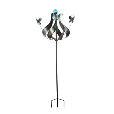 Teamson Home Metal Solar Tulip and Butterfly Kinetic Windmill Sculpture with LED Light - Teal