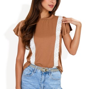 Anna-Kaci Women's Short Sleeve Top with Lace Trim Detail and Puff Sleeves for Everyday Looks - 1 of 4