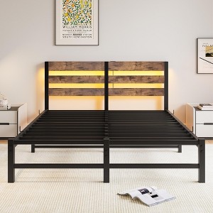 APRILSOUL  Metal Bed Frame with Wooden Headboard,  Storage Shelf, Noise-Free, No Box Spring Needed - 1 of 4