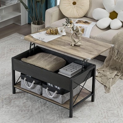 VINGLI 36" Lift Top Coffee Table with Free Cloth Storage Bins, for Living Room, Rustic Grey-black