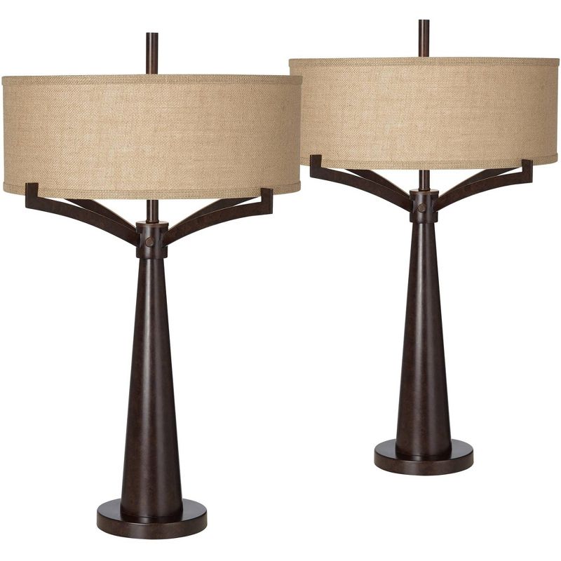 Franklin Iron Works Tremont Modern Mid Century Table Lamps 31 1/2" Tall Set of 2 Rich Bronze Iron Burlap Fabric Drum Shade for Bedroom Living Room, 1 of 10