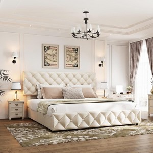 Queen Bed Frame with Headboard Adjustable, Linen Upholstered Size Platform Bed Frame with 4 Drawers, Wooden Slats Supports - 1 of 4