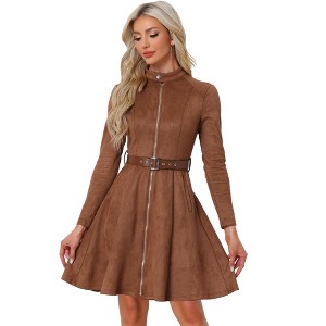 Allegra K Women's Faux Suede Stand Collar Zip-Up Belted Vintage Dresses - 1 of 4