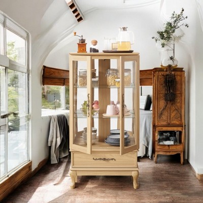 Alilang 25.98 Inch Wooden Display Cabinet with Glass Doors and Storage Drawer - Light Oak
