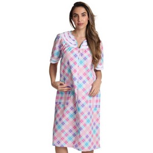 Dreamcrest Womens Short Sleeve Duster, Seersucker Plaid Housecoat/Women Sleepwear Zip Front Nightgown - 1 of 3