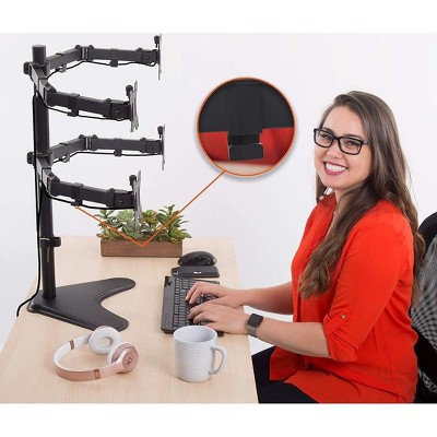 Black Adjustable Quadruple Monitor Mount with Freestanding Base