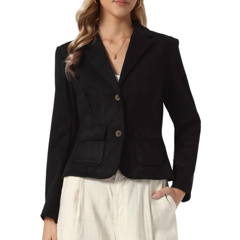 INSPIRE CHIC Women's Notched Lapel Long Sleeves Button-Down Faux Suede Solid Business Casual Jacket with Pockets Small Black
