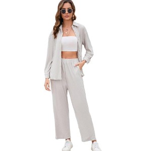 Women Two Piece Casual Outfits Y2K Loungewear Pleated Wide Leg Pants Long Sleeve Button Down Shirt Streetwear Set - 1 of 4