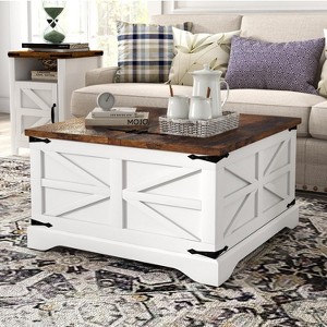 Aoxun Modern Farmhouse Coffee Table, Square Wood Center Table with Large Storage Space, Metal Corners, Z Shape, White - 1 of 4