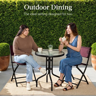 Burgundy 3-Piece Black Steel and Glass Patio Bistro Set