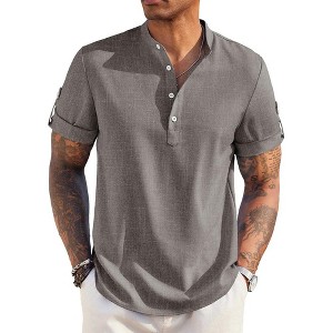 COOFANDY Henley Shirt Short Sleeve Band Collar Linen Shirt Hippie T-Shirts - 1 of 4