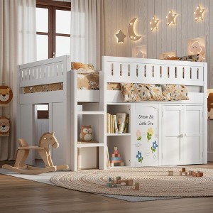 Polibi Full Size Loft Bed with Built-In Storage, Chalkboard Panel & Underbed Play Space - 1 of 4
