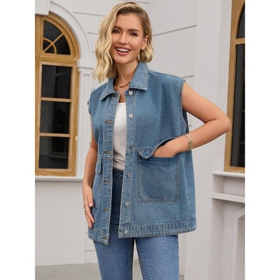 INSPIRE CHIC Women's Oversized Collared Button Down Sleeveless Long Denim Jacket Grey Blue Large — фото 2
